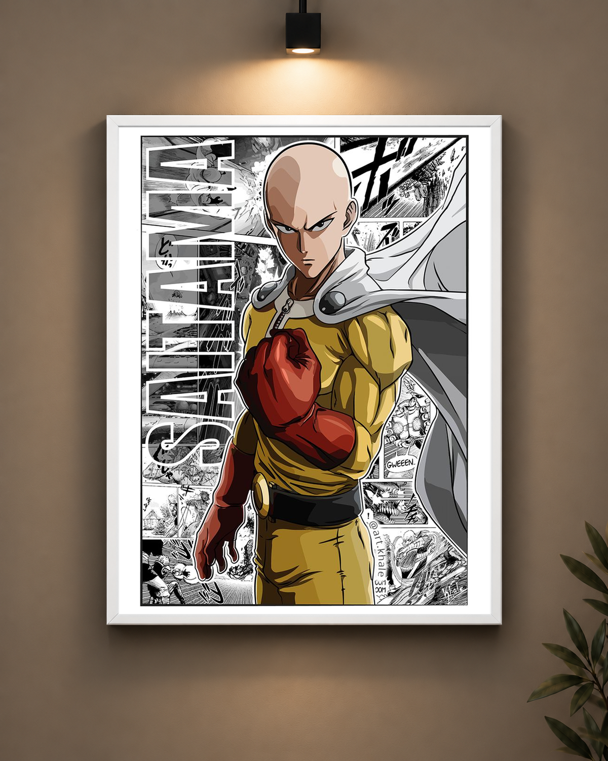 Saitama Manga Collage Frame in black frame - PrintIt