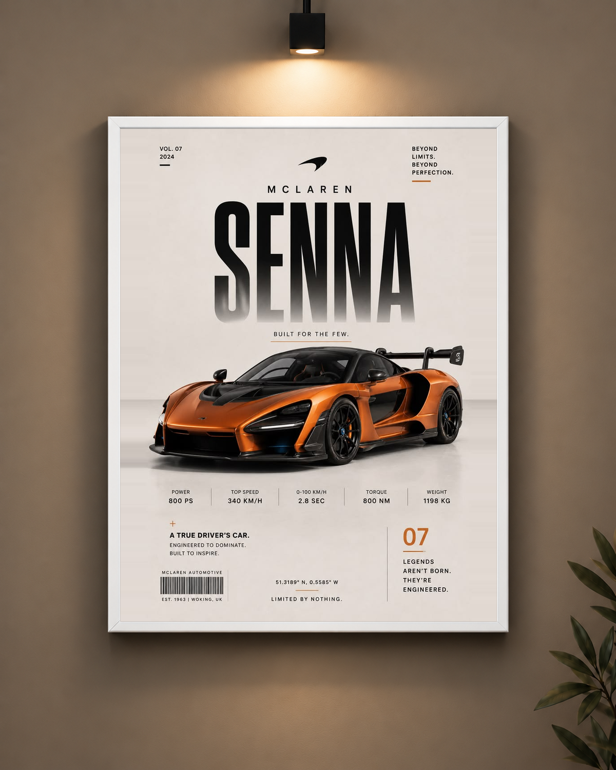 McLaren Senna Orange Frame in white frame - PrintIt