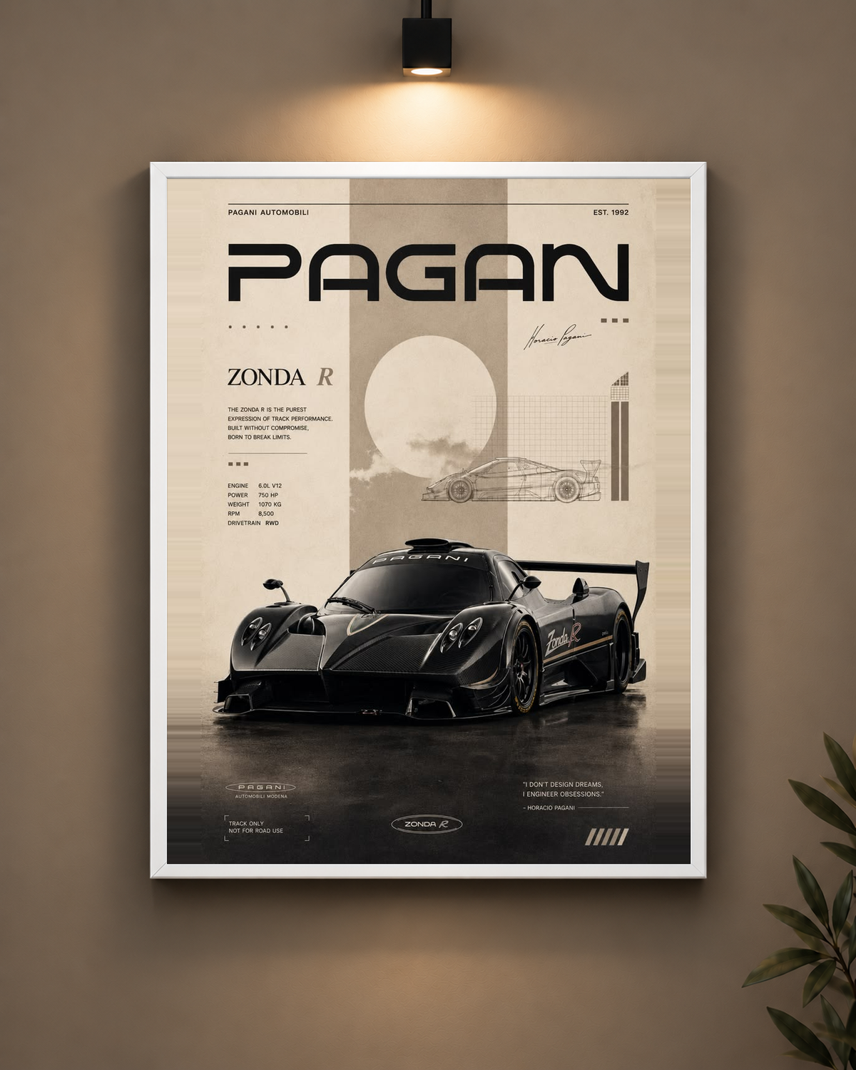 Pagani Zonda R Frame in white frame - PrintIt