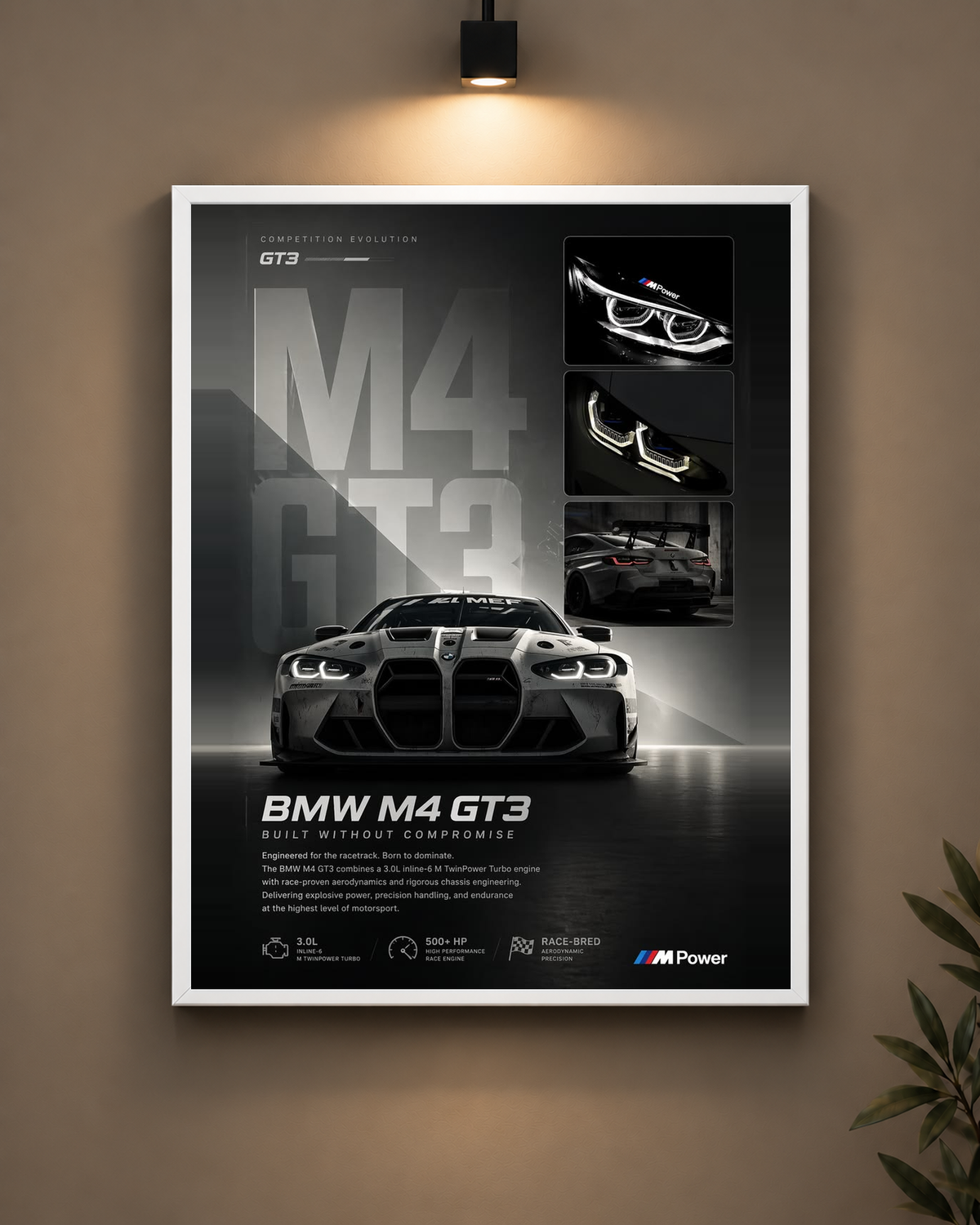 BMW M4 GT3 Dark Frame in white frame - PrintIt