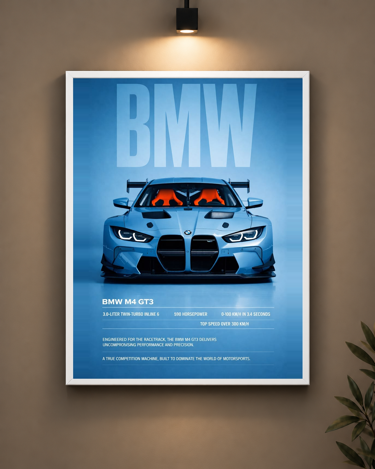 BMW M4 GT3 Blue Frame in white frame - PrintIt