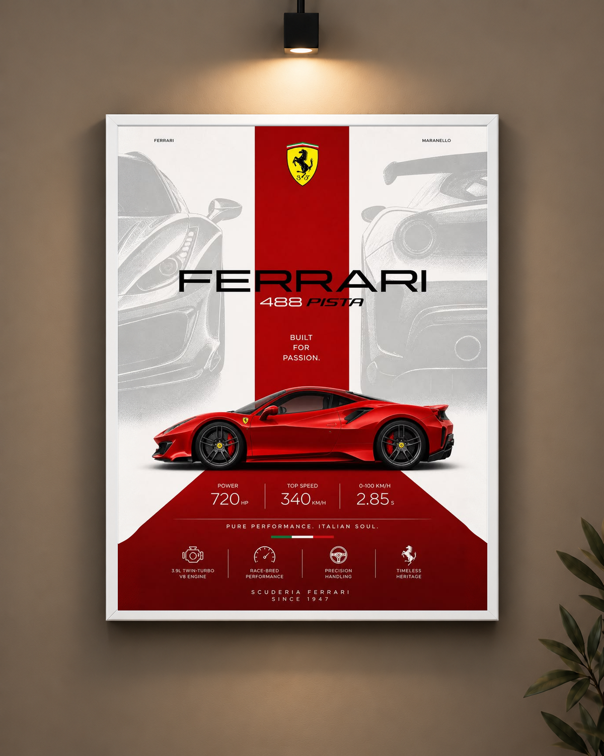 Ferrari 488 Pista Red Frame in white frame - PrintIt