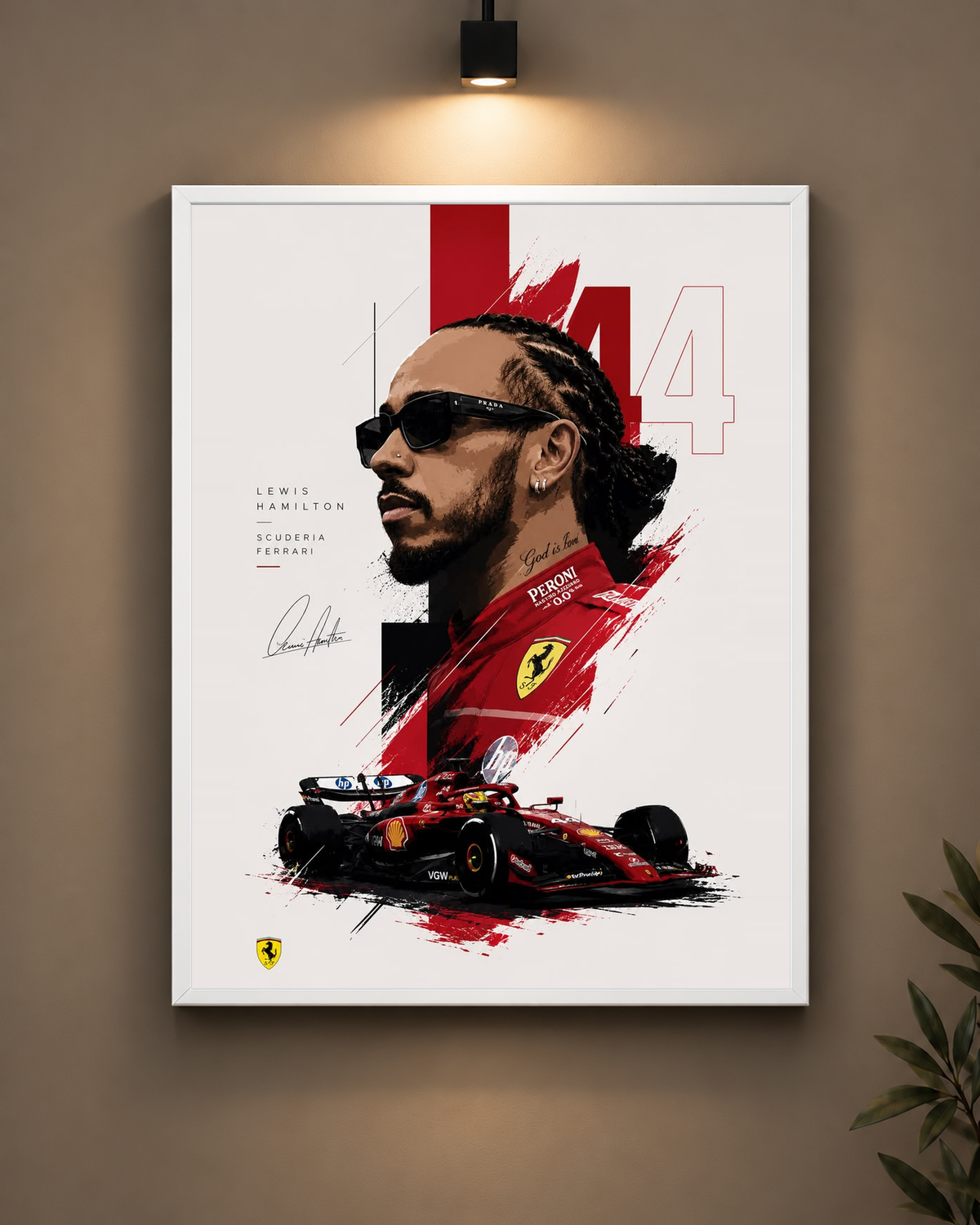 Lewis Hamilton Ferrari Portrait Frame in white frame - PrintIt