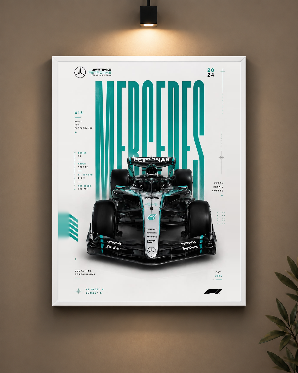 Mercedes W15 Blueprint Frame in black frame - PrintIt