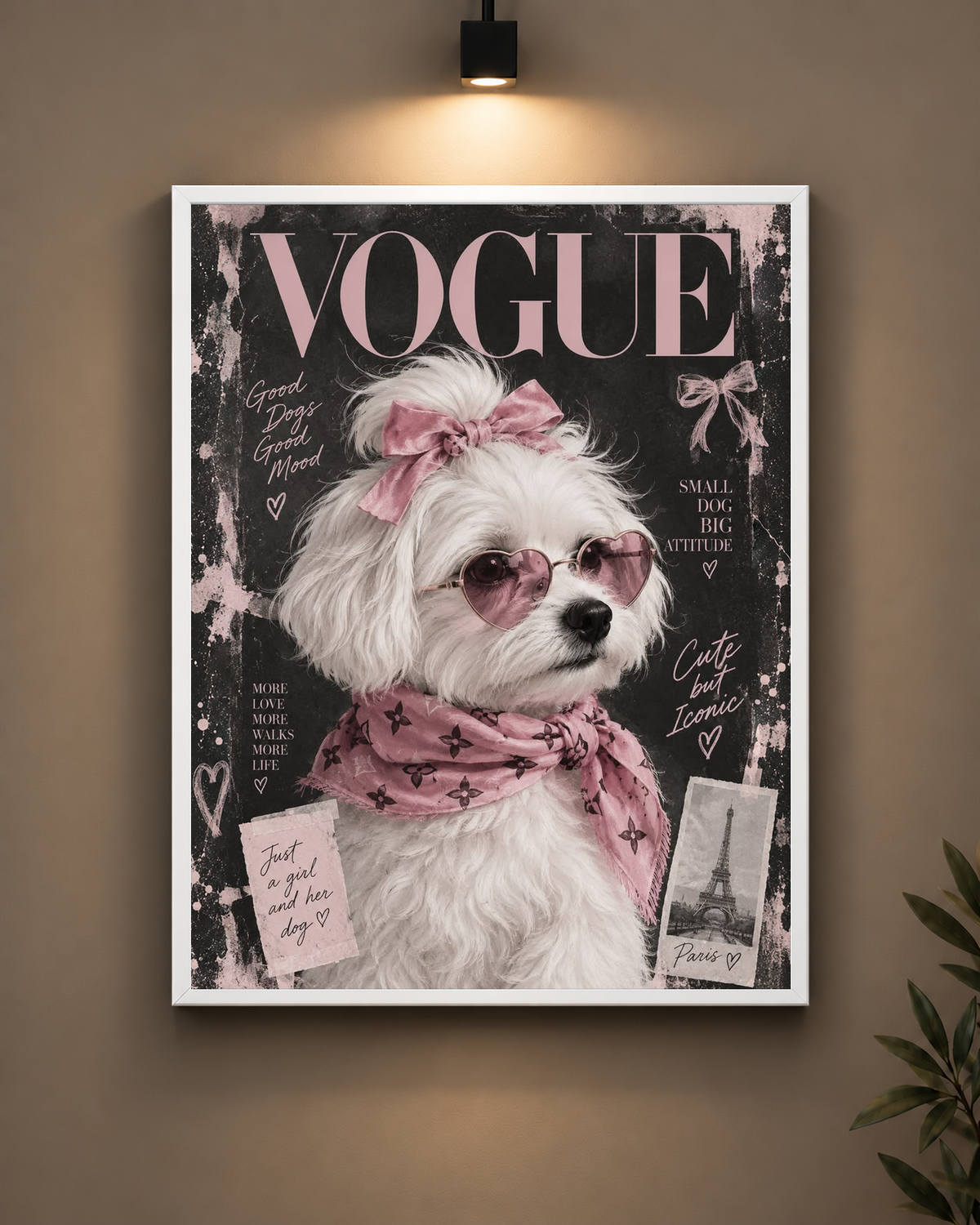 Vogue Pink Dog Frame in black frame - PrintIt