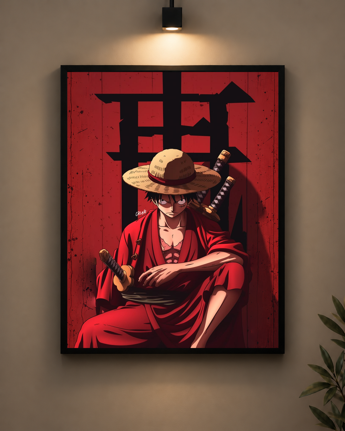 Luffy Red Samurai Frame in black frame - PrintIt