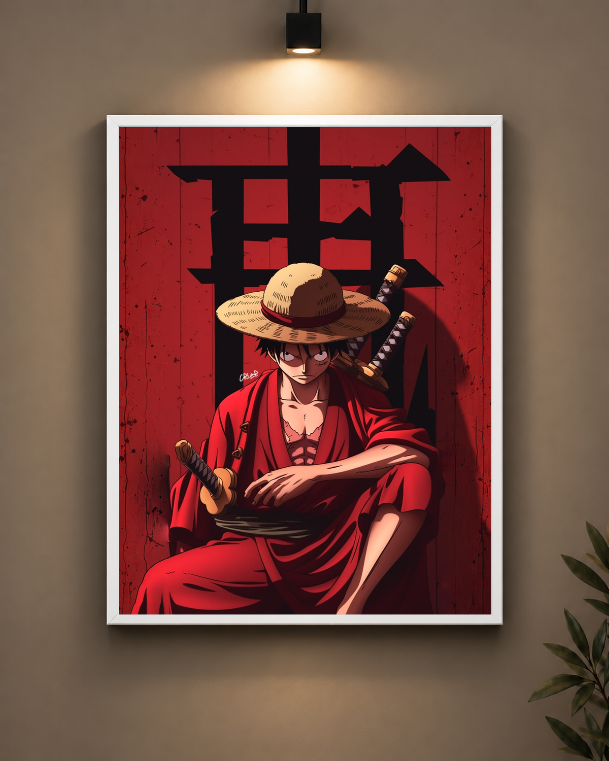 Luffy Red Samurai Frame in black frame - PrintIt