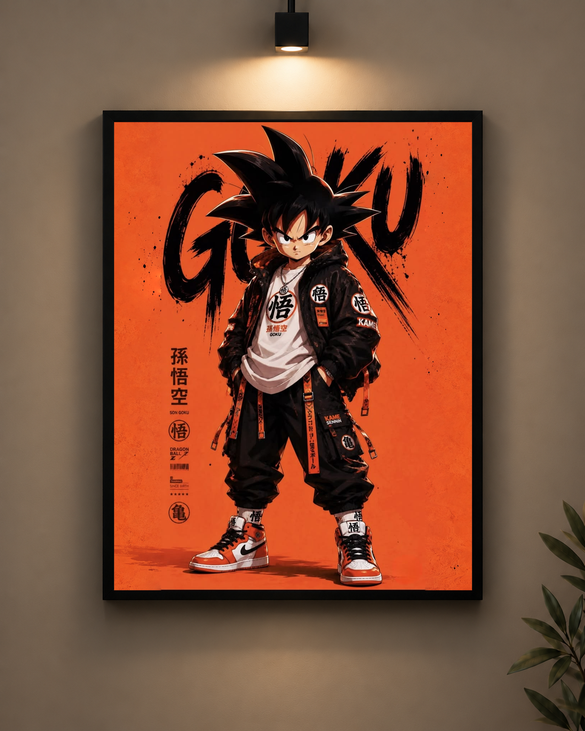 Kid Goku Orange Streetwear Frame in black frame - PrintIt