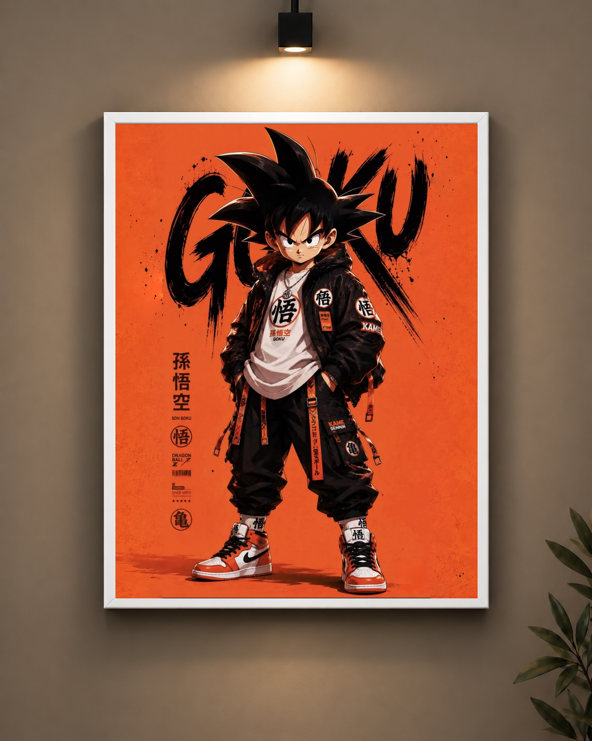 Kid Goku Orange Streetwear Frame in black frame - PrintIt