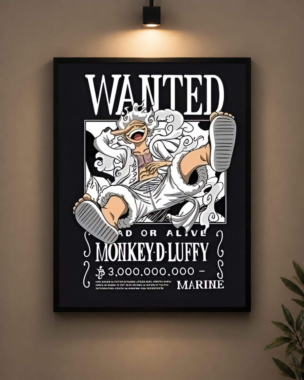 Luffy Gear 5 Black Wanted Frame in black frame - PrintIt
