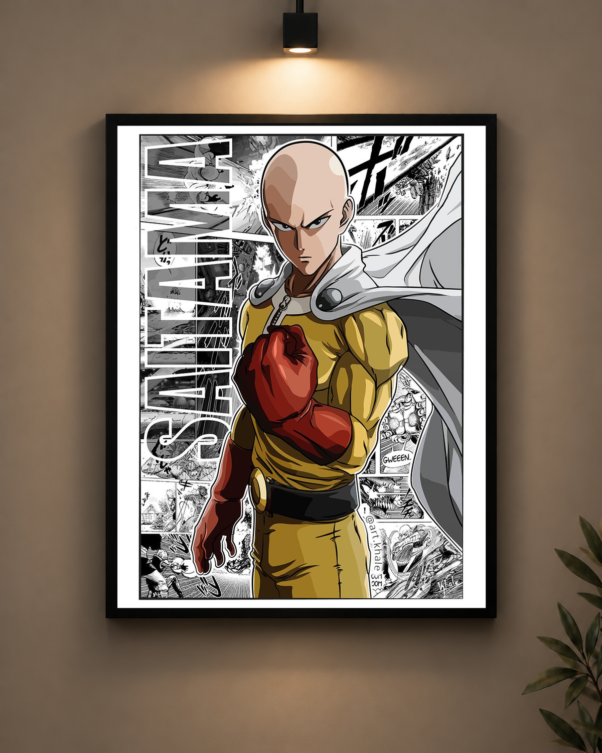 Saitama Manga Collage Frame in black frame - PrintIt