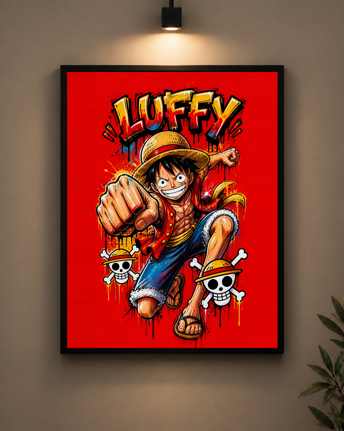 Luffy Red Graffiti Frame in black frame - PrintIt