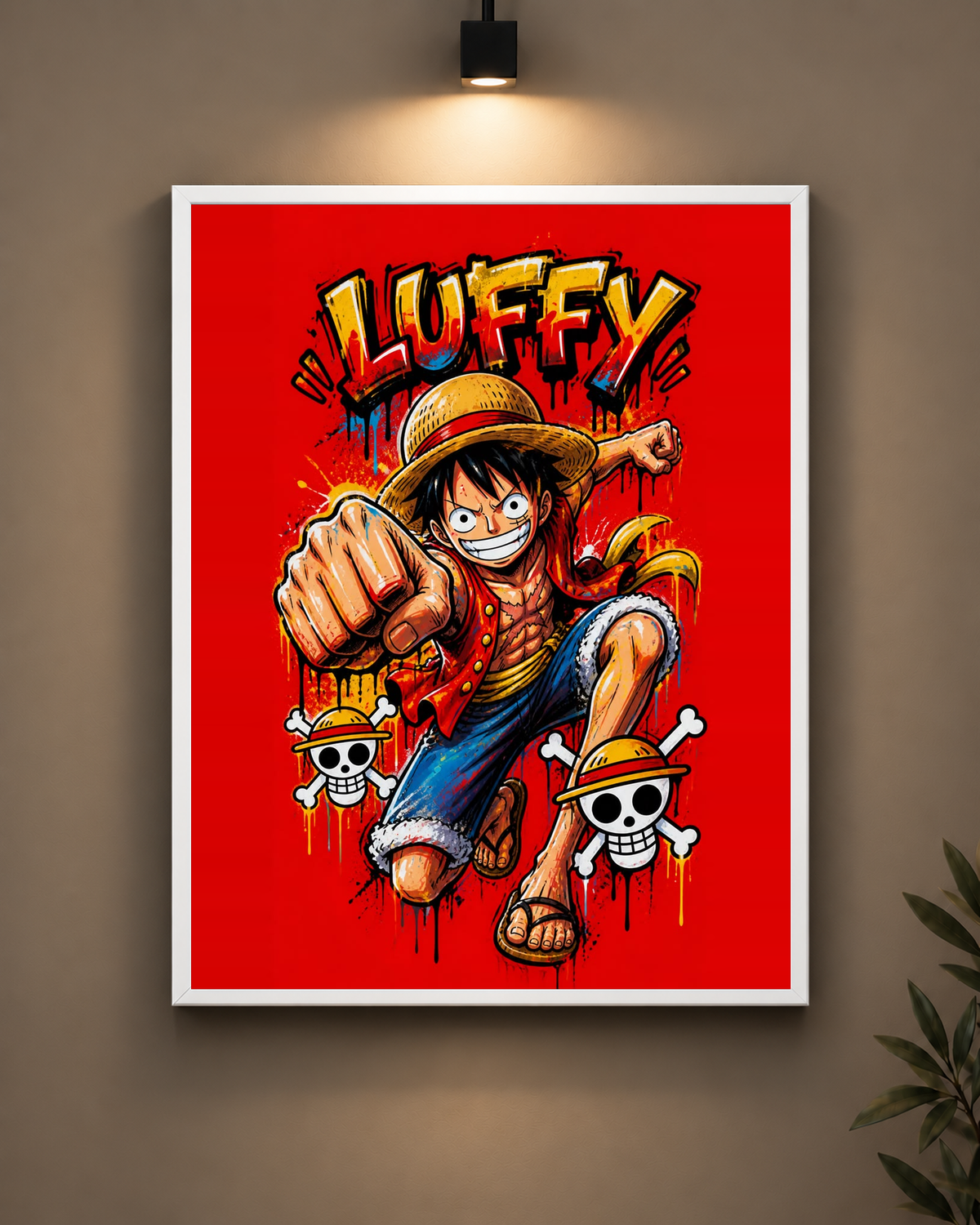 Luffy Red Graffiti Frame in black frame - PrintIt