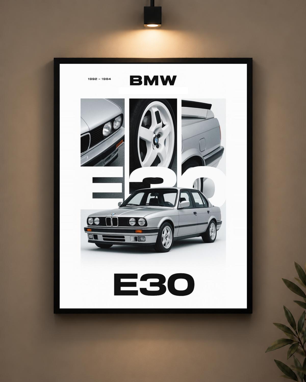 BMW E30 Silver Frame in black frame - PrintIt