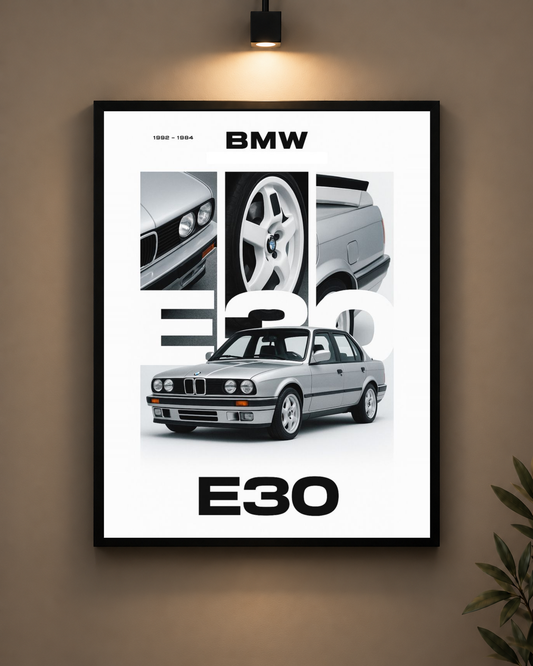 BMW E30 Silver Frame in black frame - PrintIt