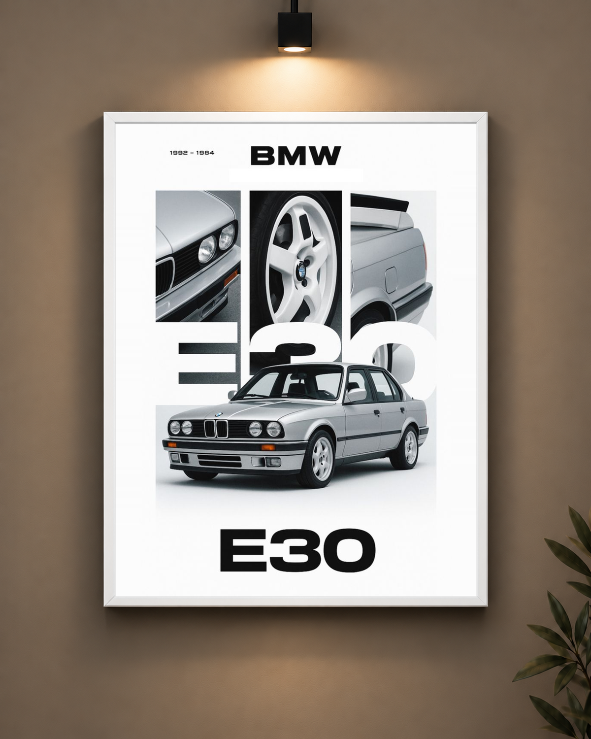 BMW E30 Silver Frame in white frame - PrintIt