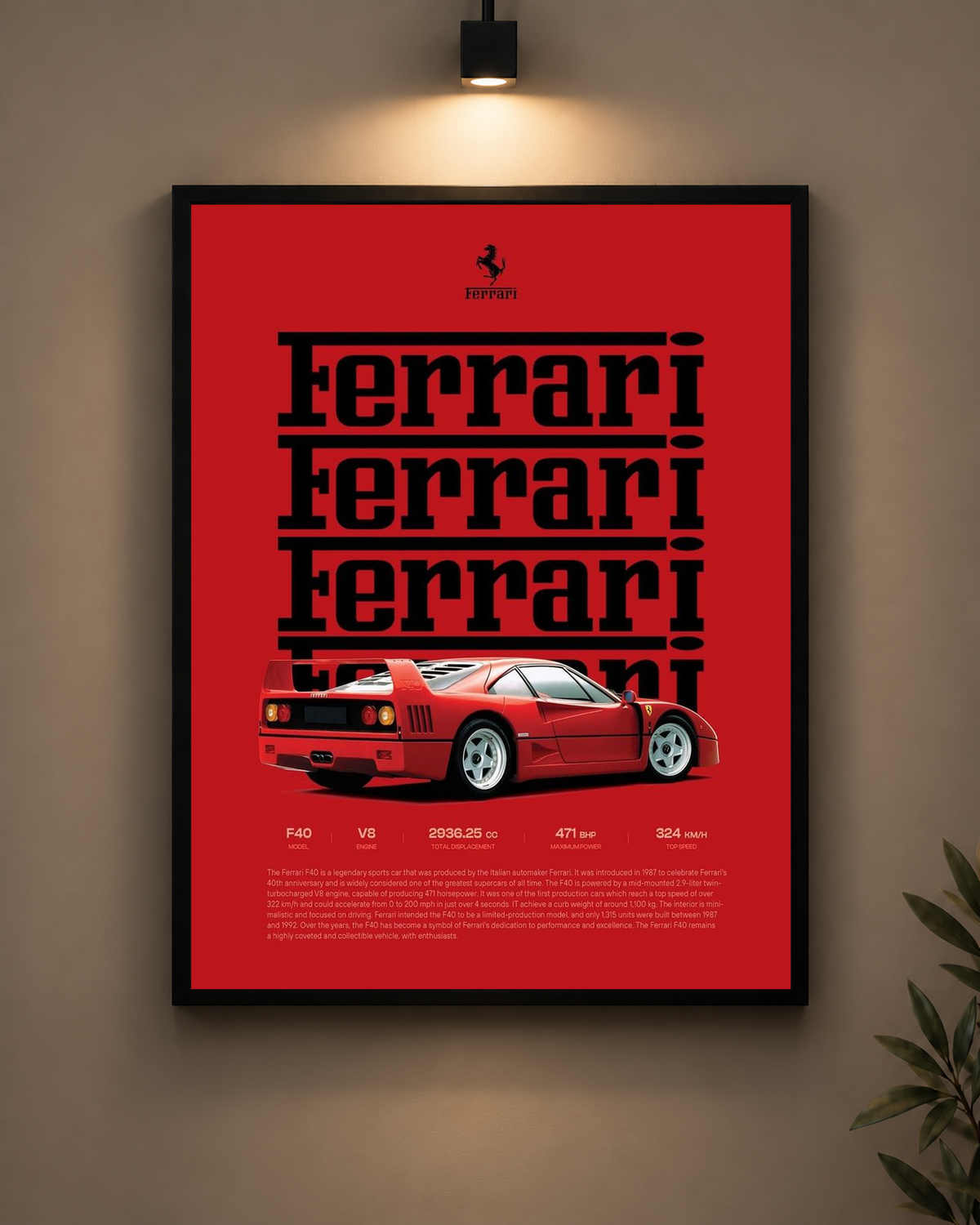 Ferrari F40 Typography Frame in black frame - PrintIt