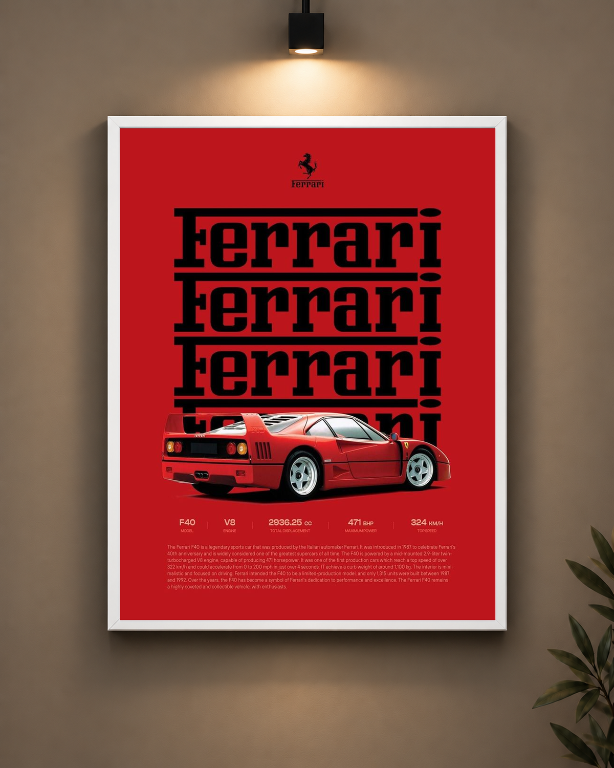 Ferrari F40 Typography Frame in white frame - PrintIt