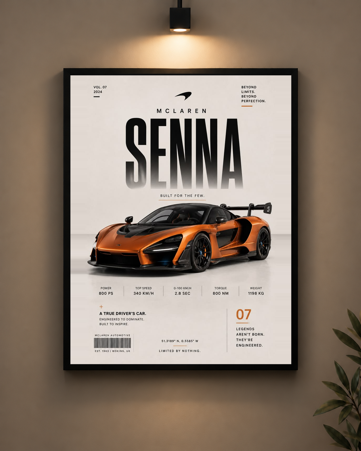 McLaren Senna Orange Frame in black frame - PrintIt