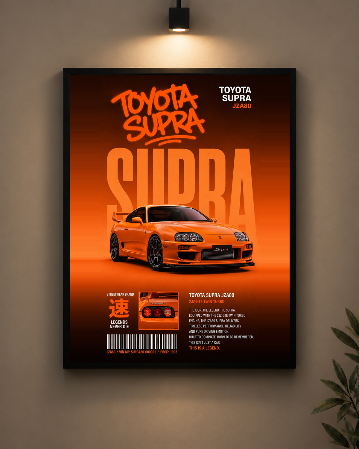 Toyota Supra Orange Frame in black frame - PrintIt