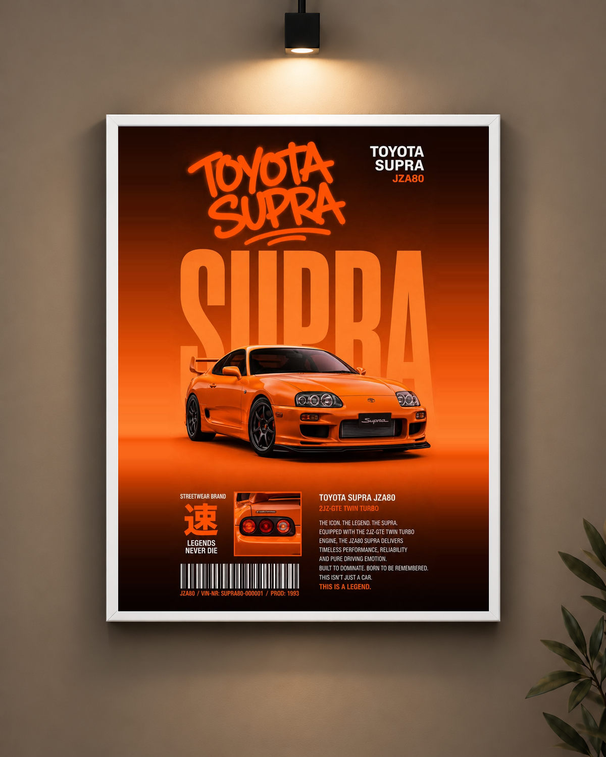 Toyota Supra Orange Frame in white frame - PrintIt