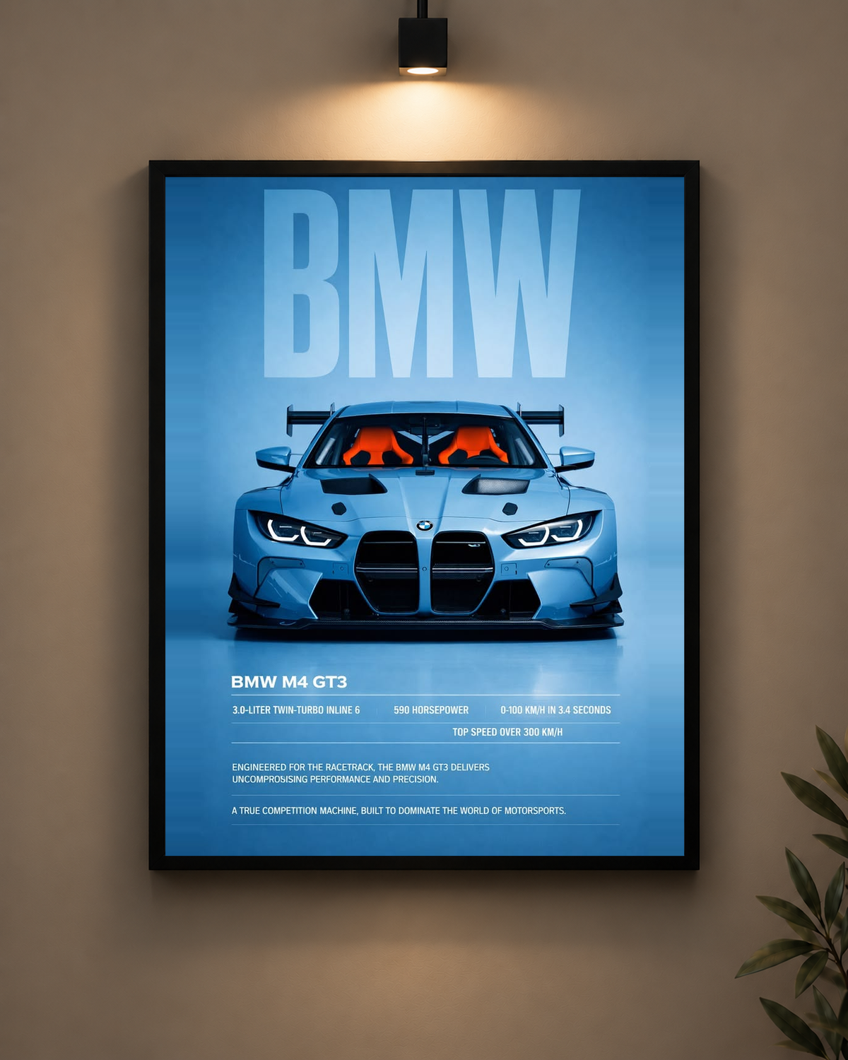 BMW M4 GT3 Blue Frame in black frame - PrintIt
