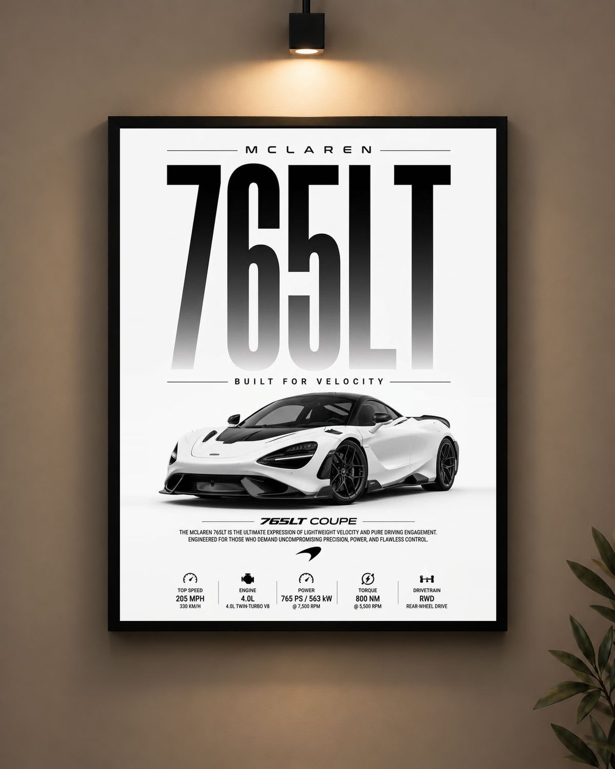 McLaren 765LT White Frame in black frame - PrintIt