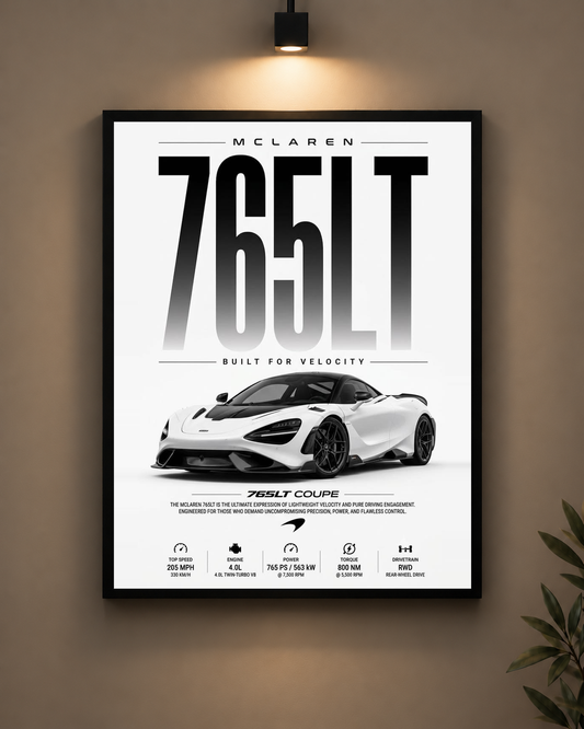 McLaren 765LT White Frame in black frame - PrintIt
