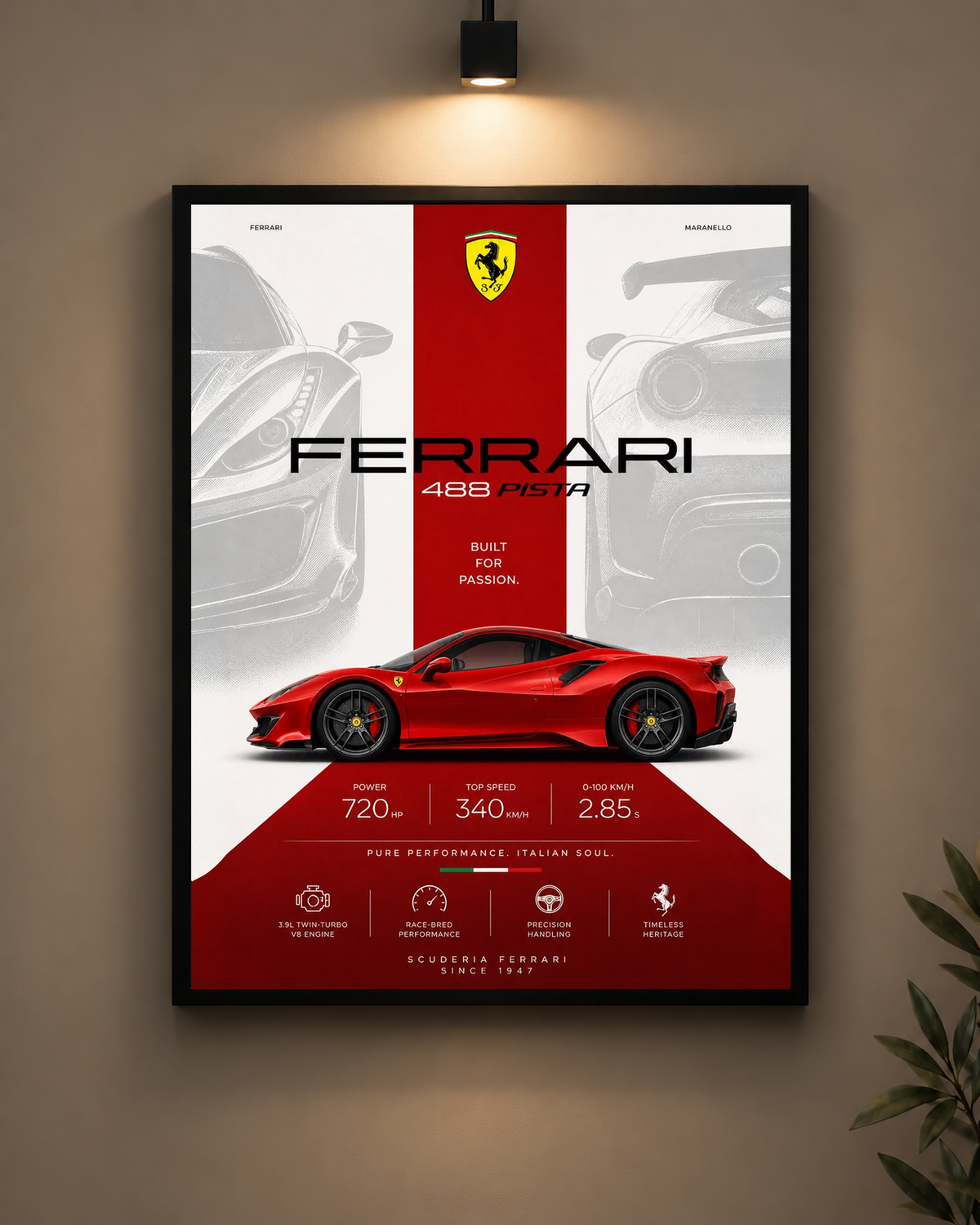 Ferrari 488 Pista Red Frame in black frame - PrintIt