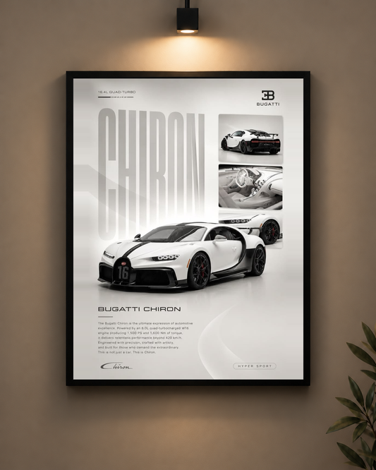 Bugatti Chiron White Frame in black frame - PrintIt