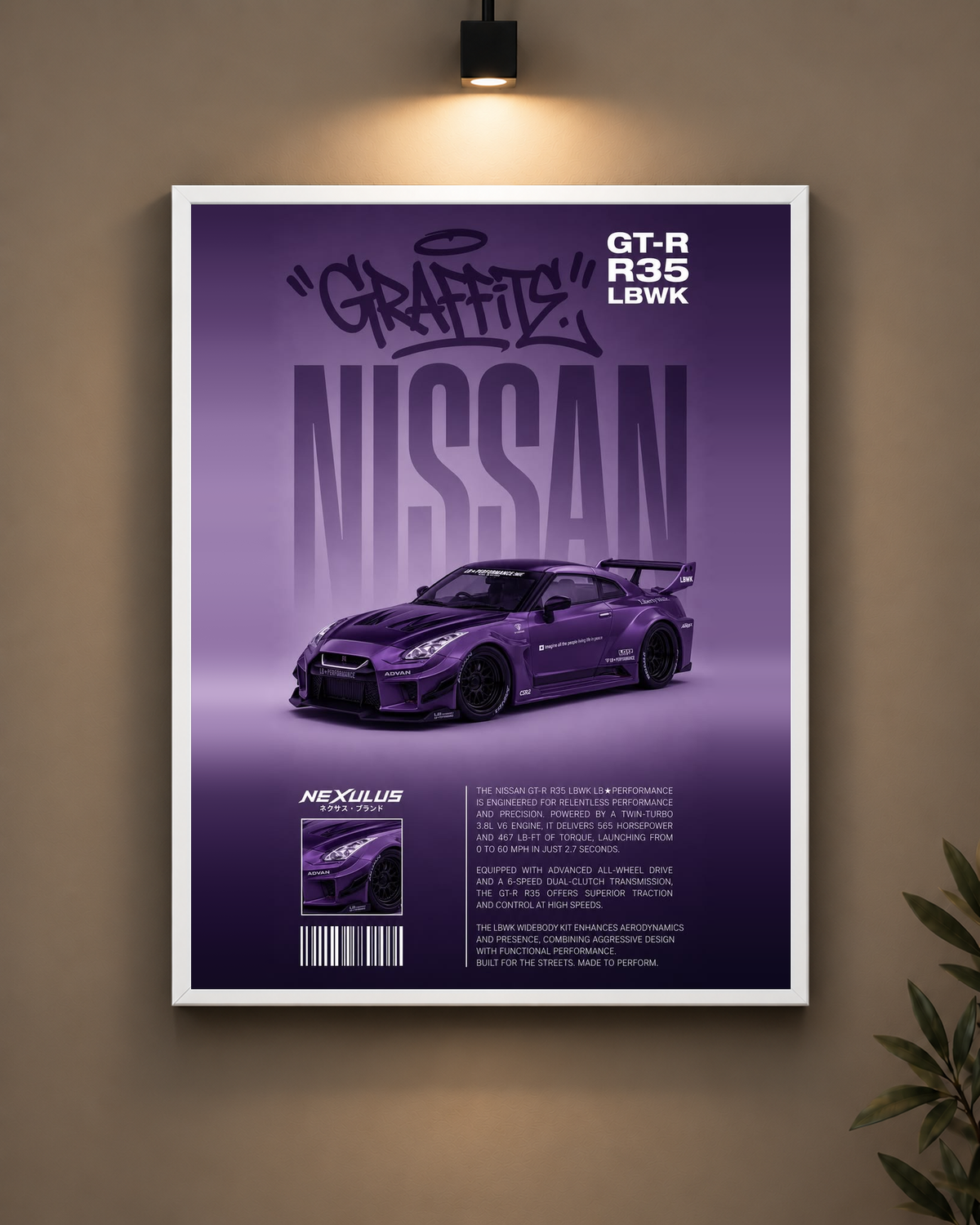 Nissan GT-R R35 Purple Frame in black frame - PrintIt