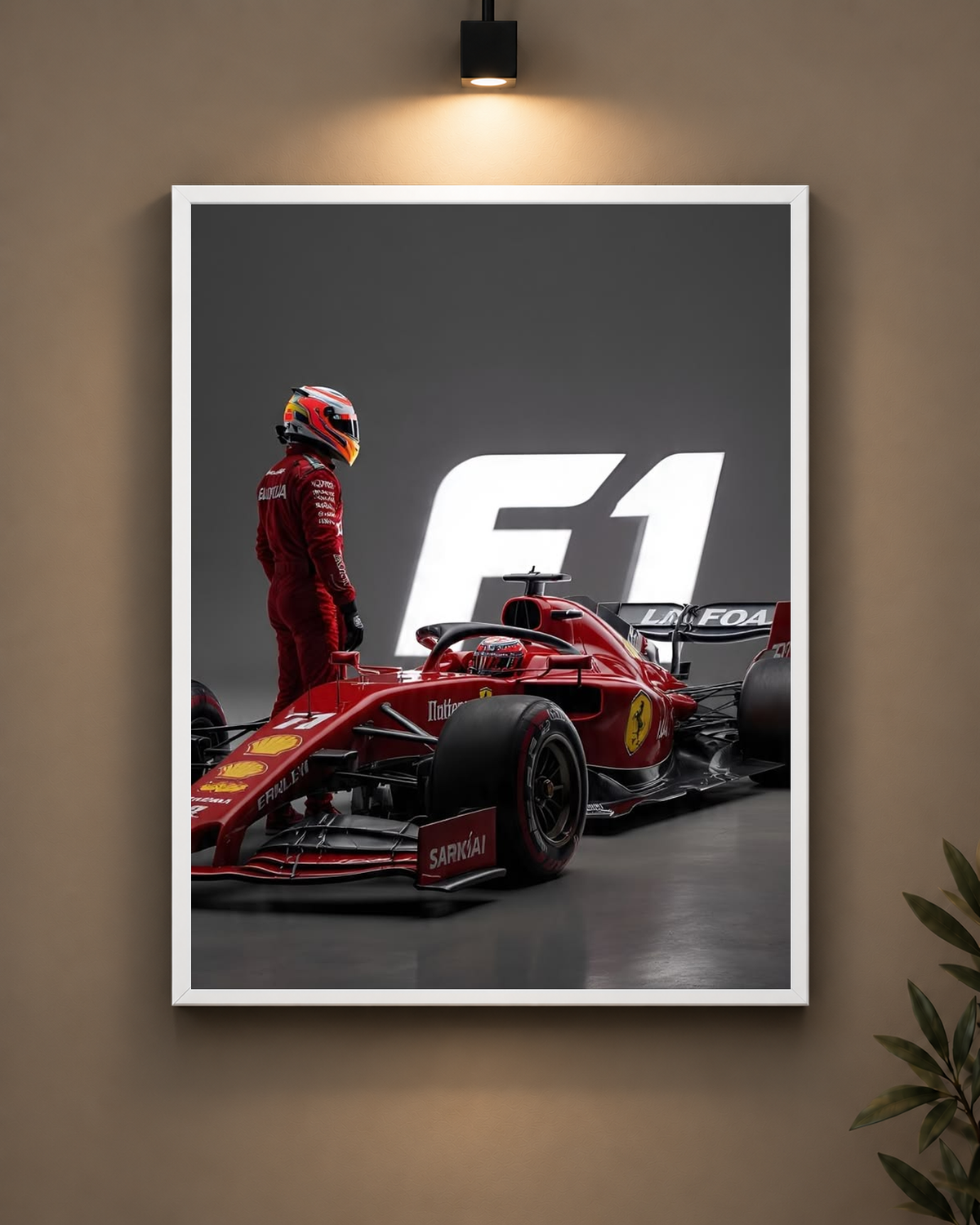 Ferrari Driver And Car Frame in white frame - PrintIt