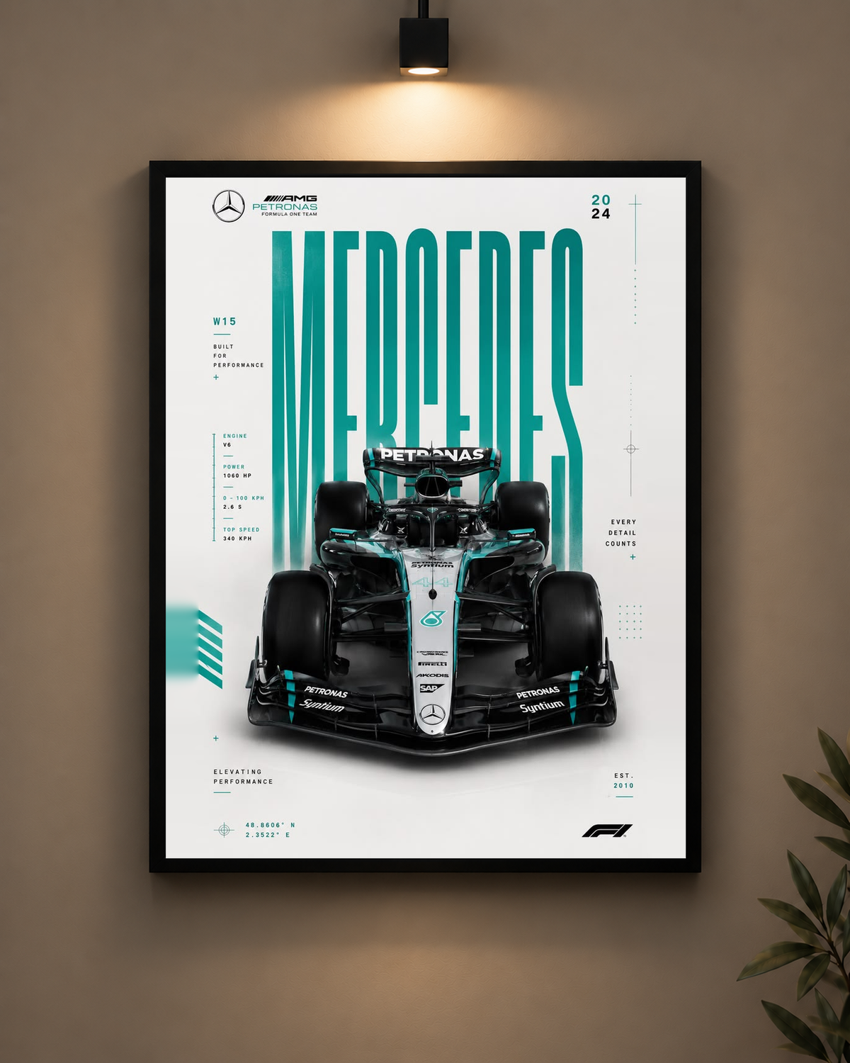 Mercedes W15 Blueprint Frame in black frame - PrintIt