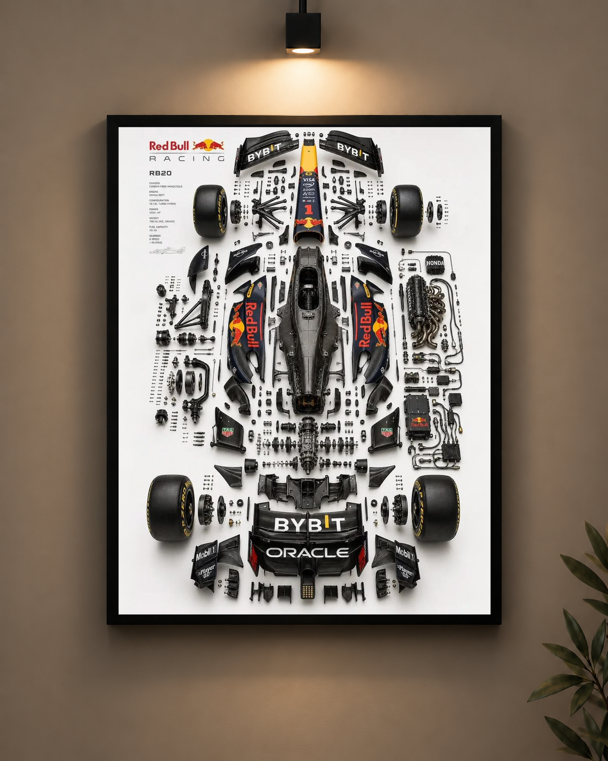 Red Bull Car Blueprint Frame in black frame - PrintIt