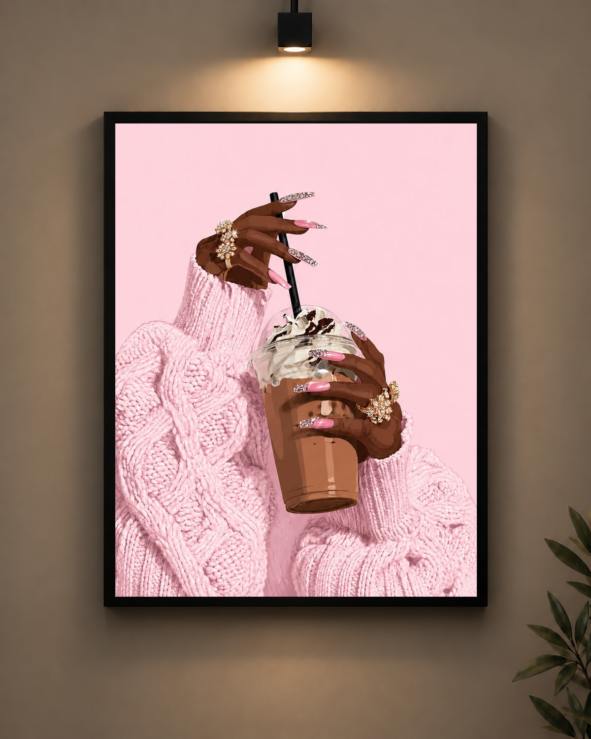 Pink Coffee Aesthetic Frame in black frame - PrintIt