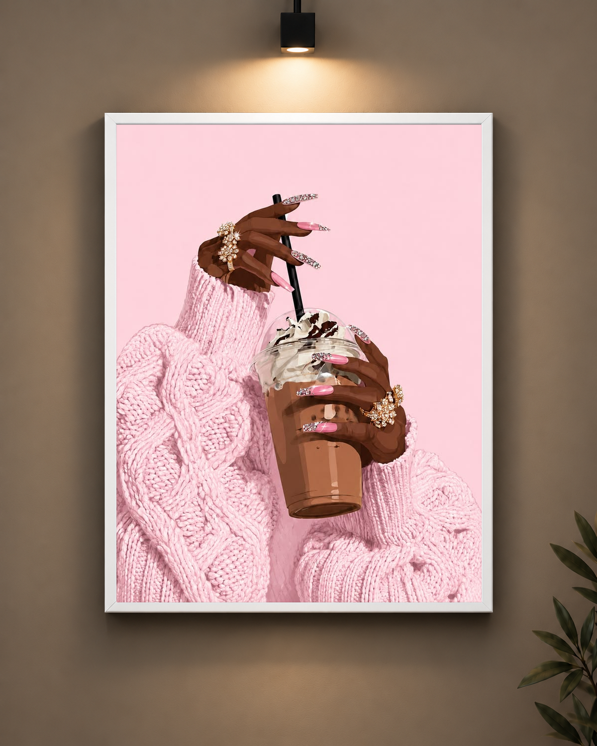 Pink Coffee Aesthetic Frame in black frame - PrintIt