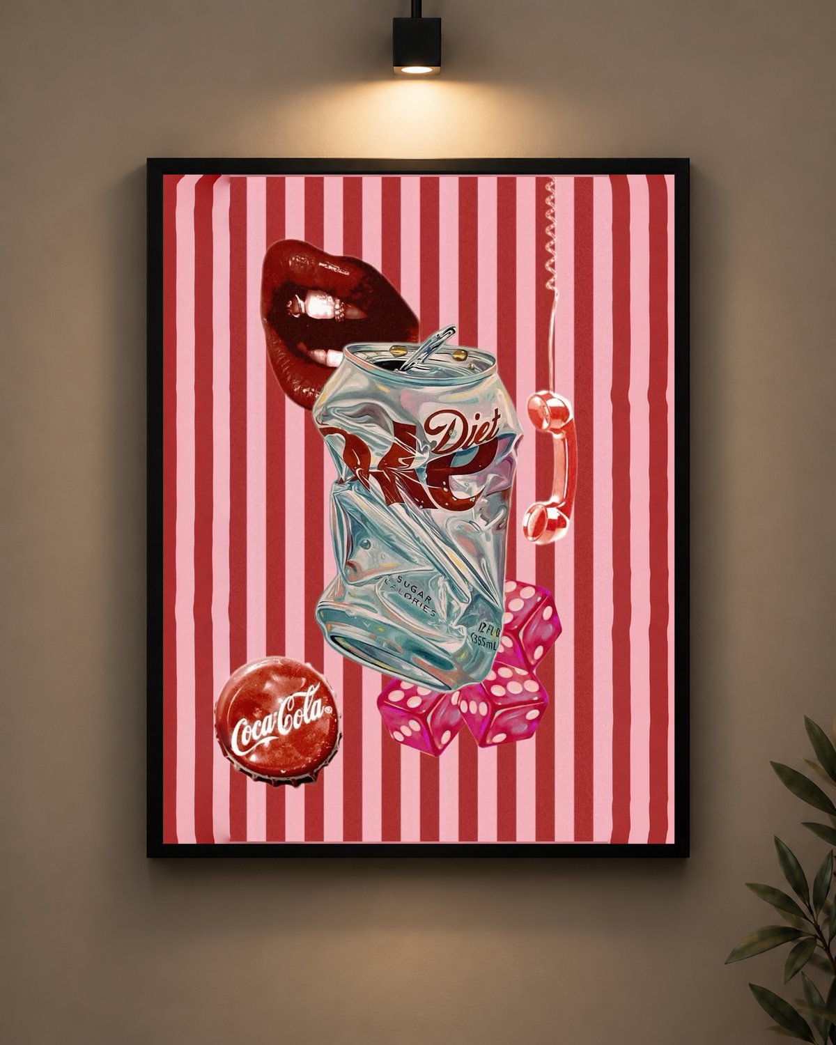 Pink Designer Soda Collage Frame in black frame - PrintIt