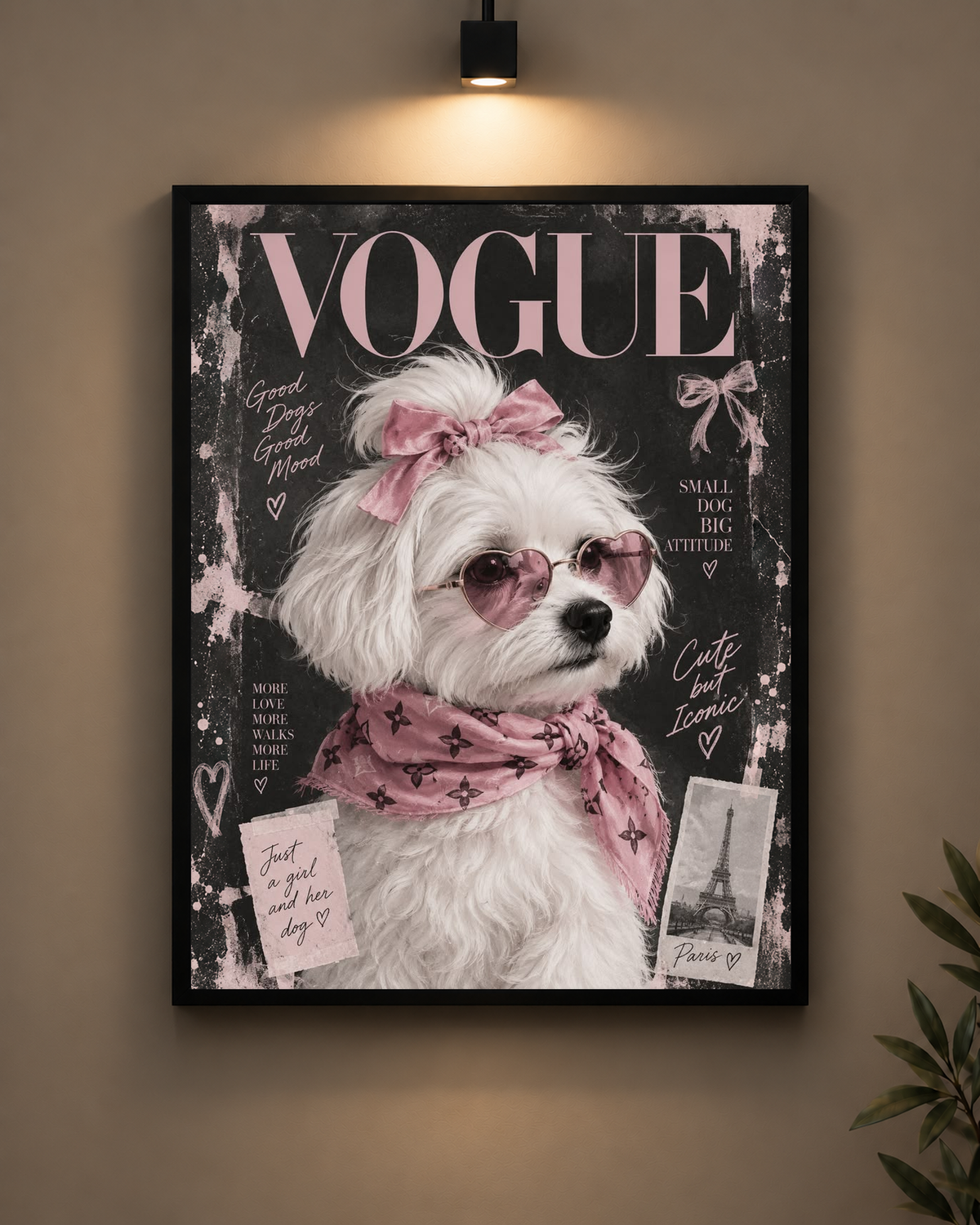 Vogue Pink Dog Frame in black frame - PrintIt