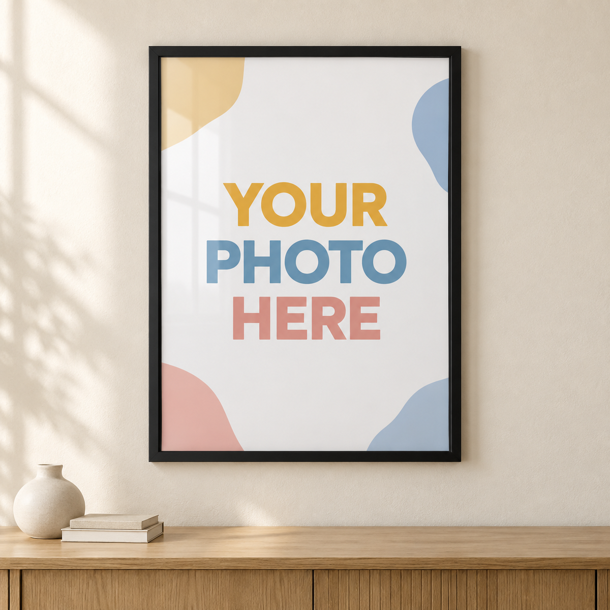 Black custom photo frame example — your uploaded photo replaces the sample