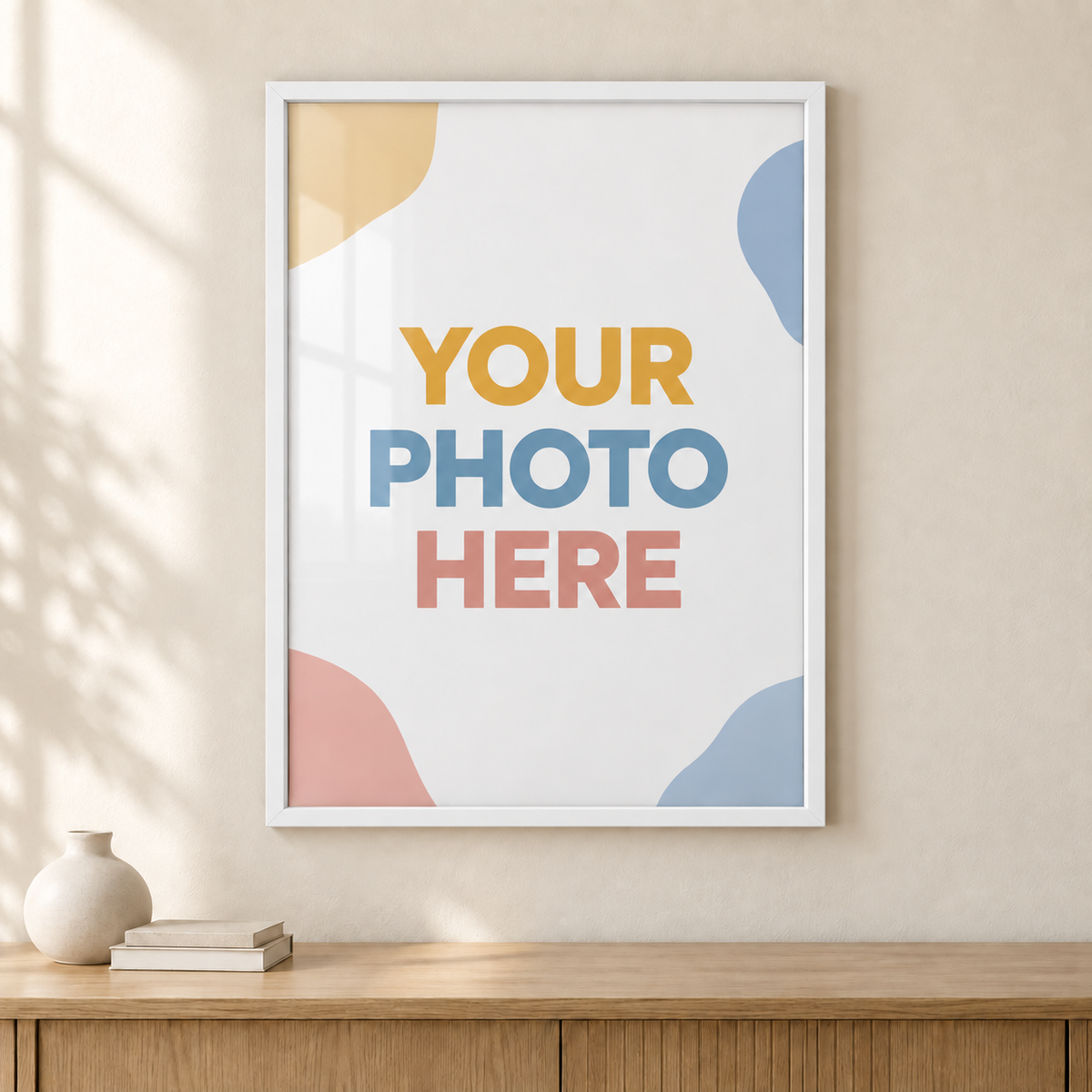 White custom photo frame example — your uploaded photo replaces the sample